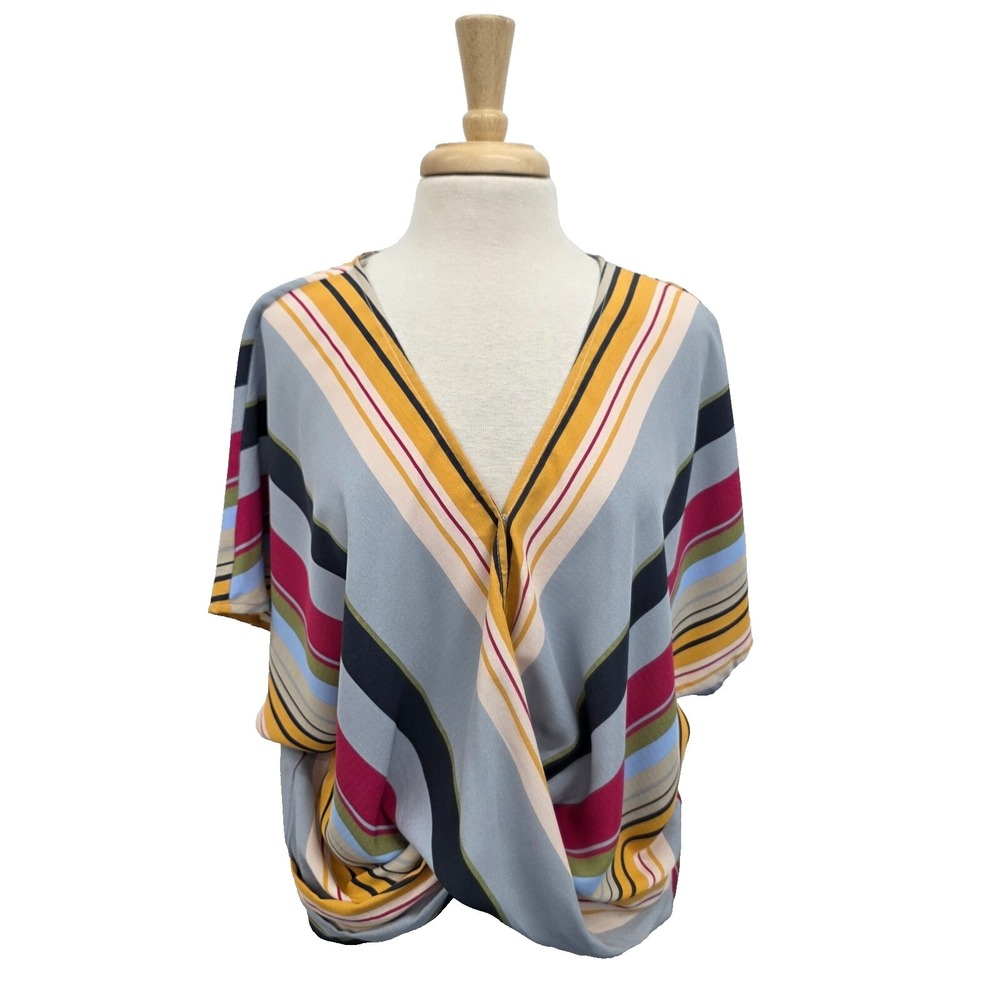 Striped Boho Draped Top M Multicolor Lightweight Poncho Blouse By Evelyn Blu